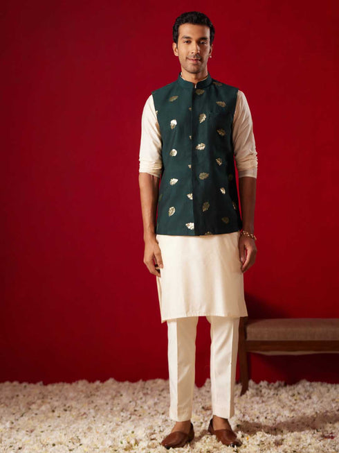 Men's Green Leaf Motif Embellished Jacket
